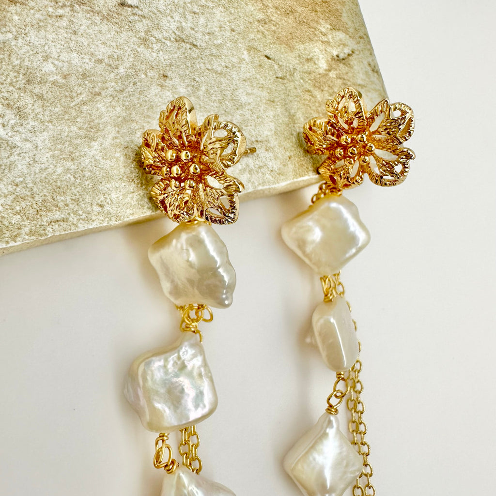 Gold vermeil flower Dangle pearl chain Earrings - Angel Barocco