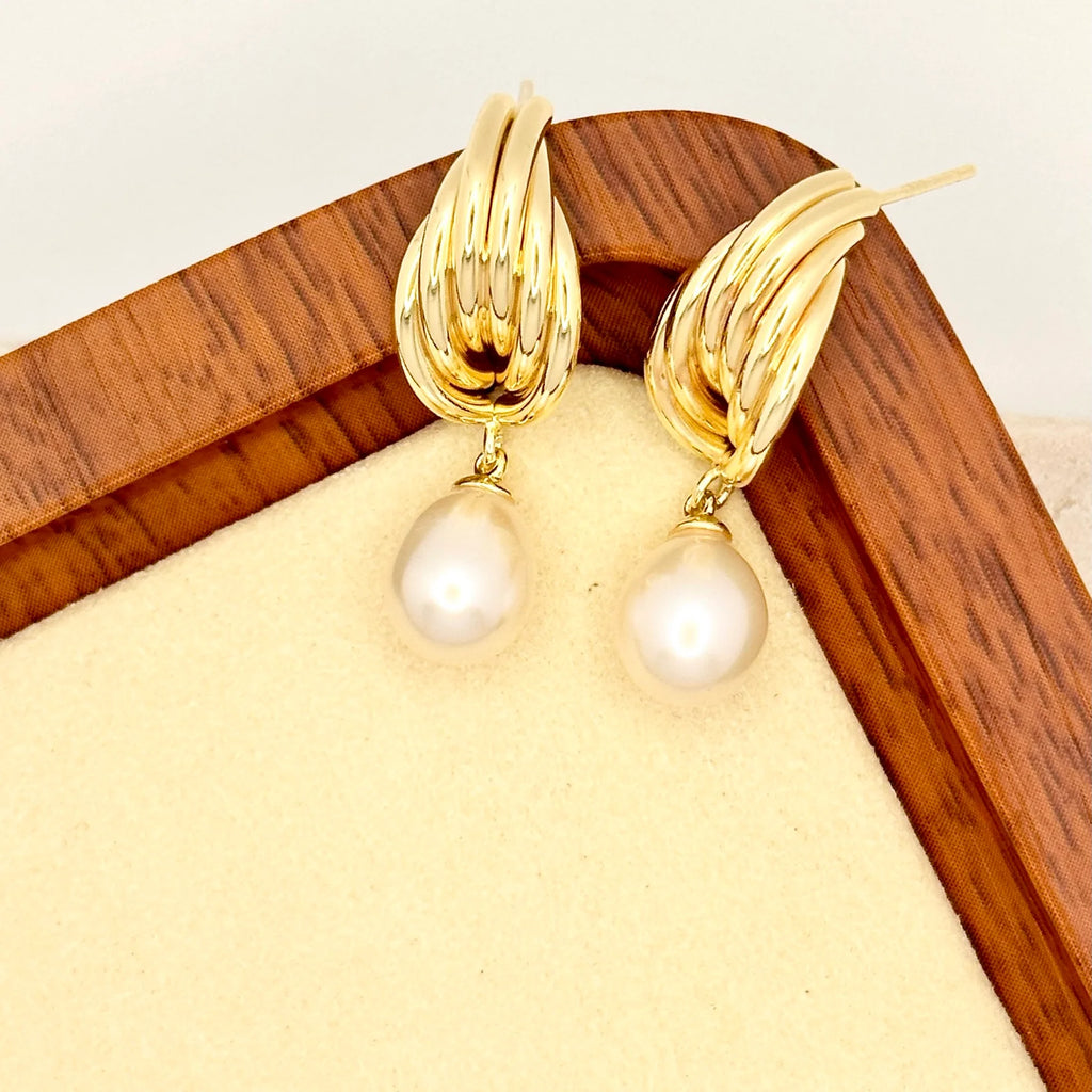 Gold Stud Pearl Drop Earrings - Angel Barocco