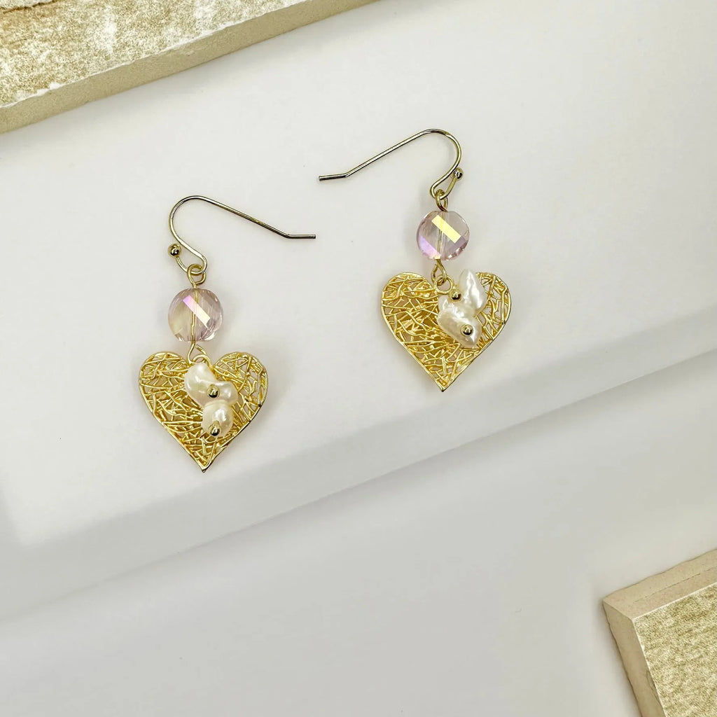 Baroque pearl set in gold heart mesh earrings - Angel Barocco