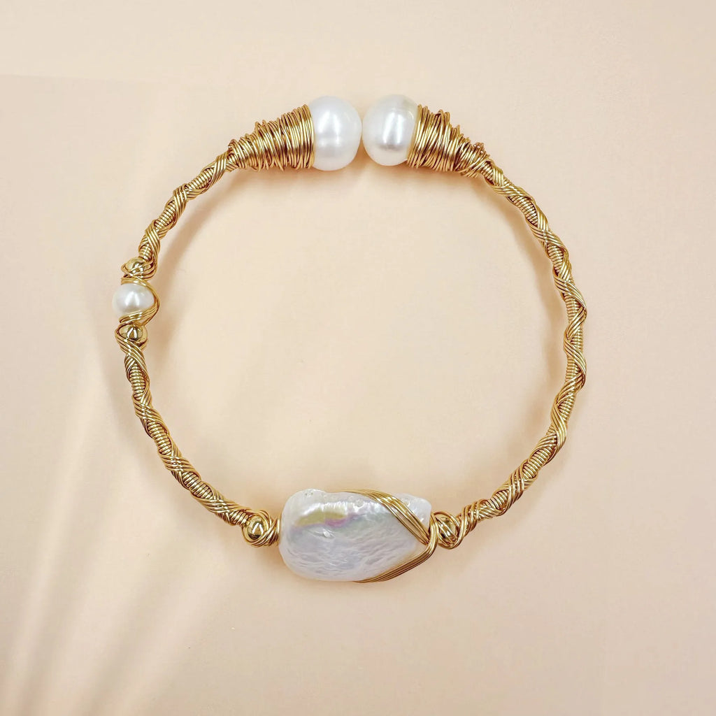 Gold Treads Bracelet with Baroque Pearls - Angel Barocco