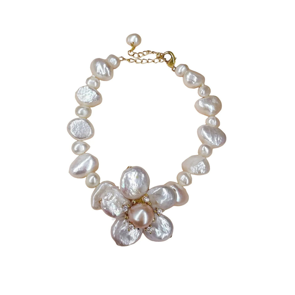 Graduated Pearl Bracelet with Barque Pearl Flowers - Angel Barocco