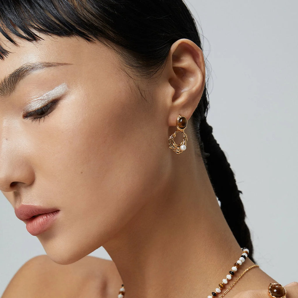 Tiger eye seed pearl earrings - Angel Barocco