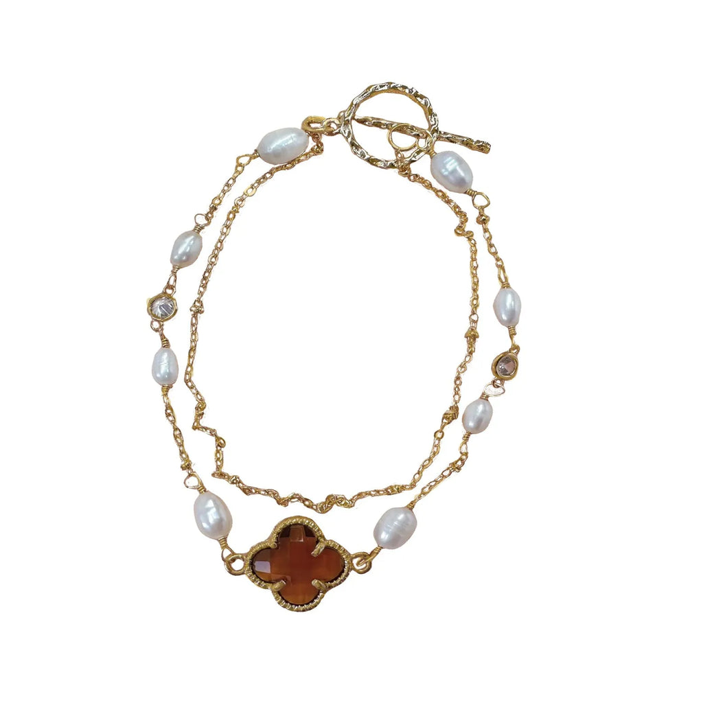 Two Layers Pearl and Crystal Gold Bracelet - Angel Barocco