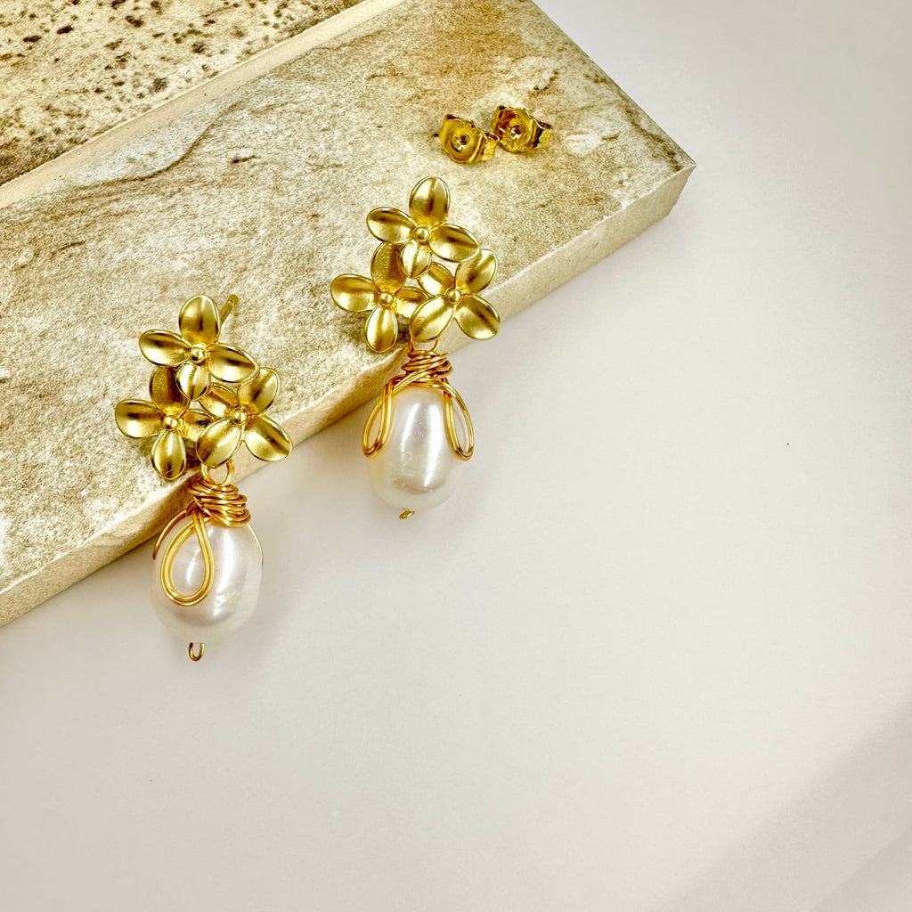 Gold Petal Pearl Drop Earrings - Angel Barocco