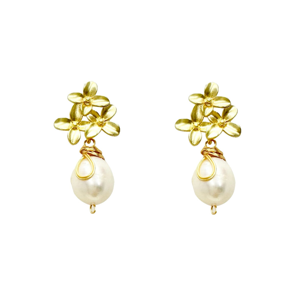 Gold Petal Pearl Drop Earrings - Angel Barocco