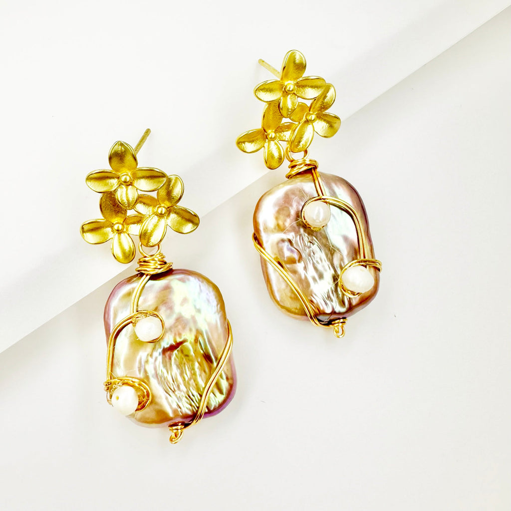 Gold Petal Pink Baroque Pearl Earrings - Angel Barocco