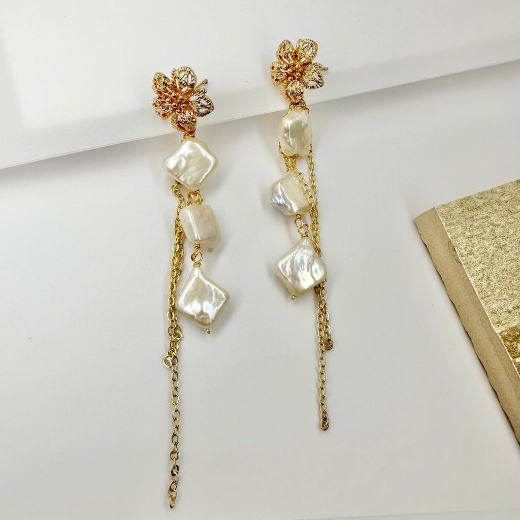 Gold vermeil flower Dangle pearl chain Earrings - Angel Barocco