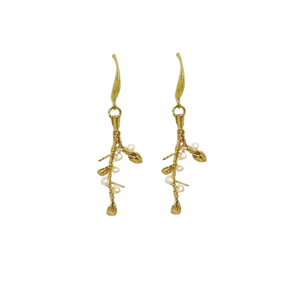 Gold vermeil leaves &pearls drop earrings - Angel Barocco