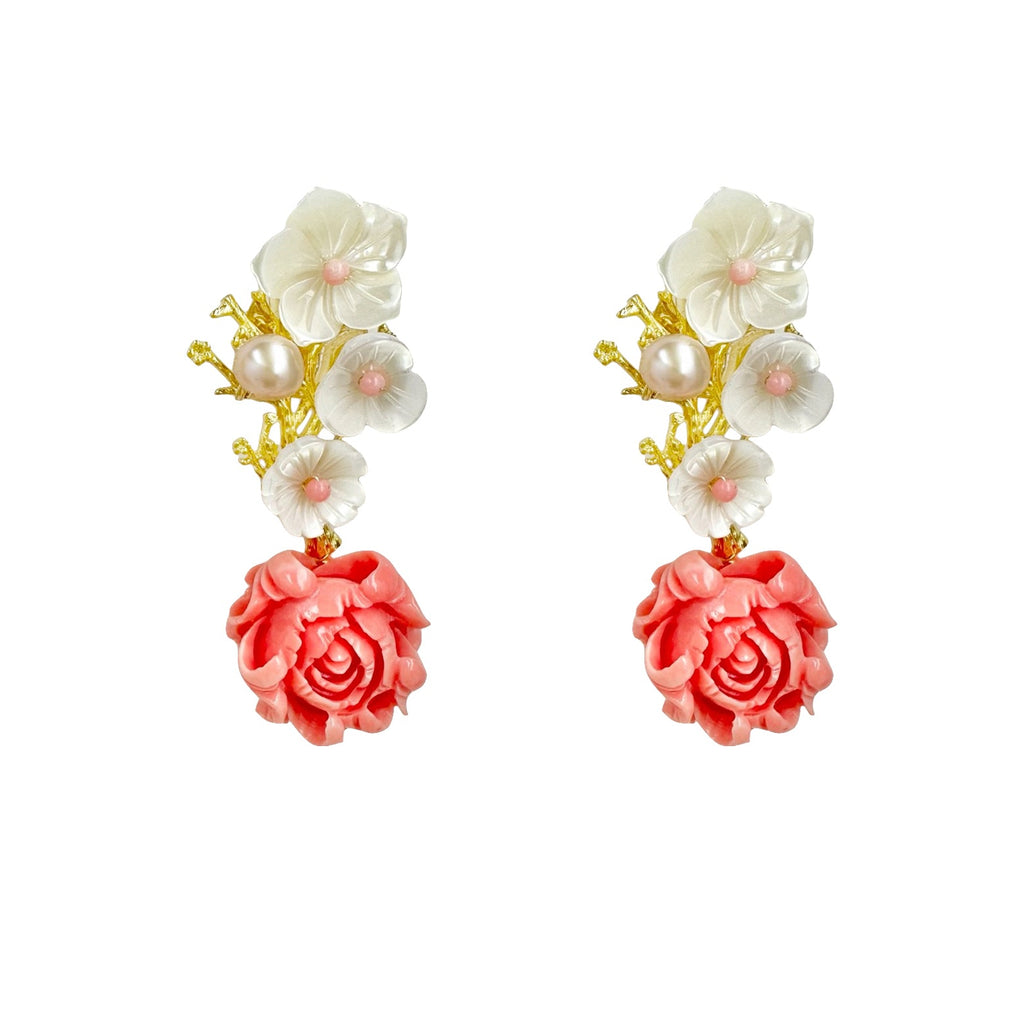 Shell flower stud with rose gold vermeil drop earring - Angel Barocco