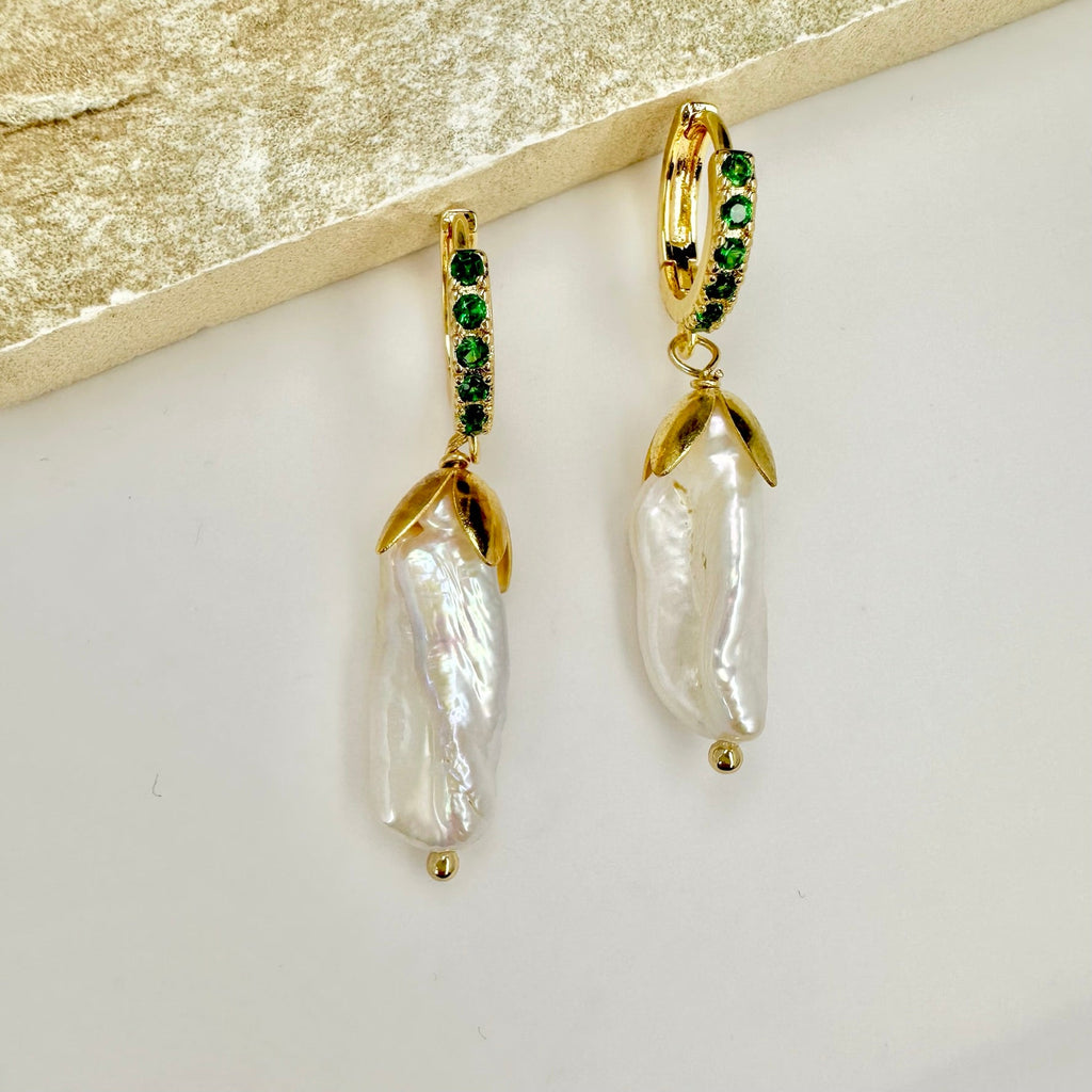 Skinny green Diamond Baguette Charm Huggie Baroque pearl Earrings - Angel Barocco